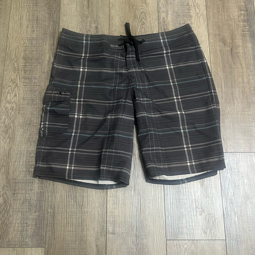 O'Neill Swim Trunk Boardshorts Men's Size 36 Black Blue Plaid Light Weight Cargo
